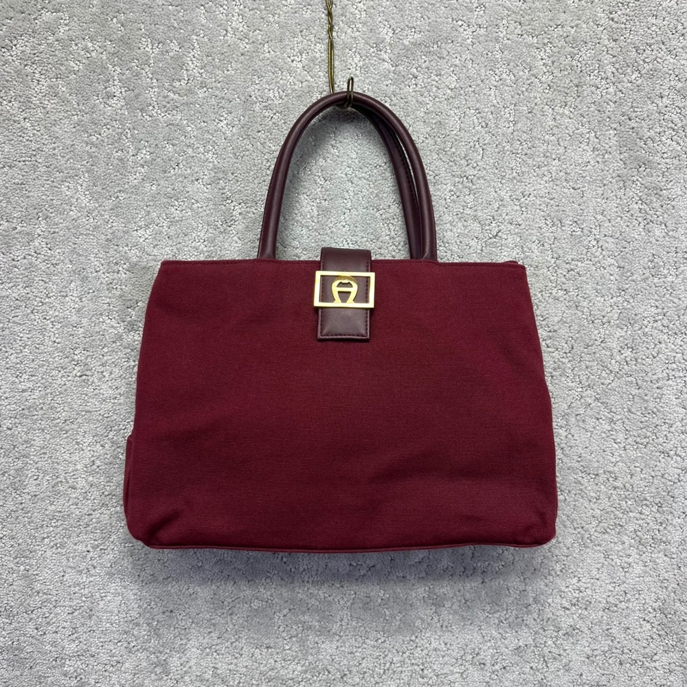 Etienne Aigner Tote Hand Bag Red Burgundy Cotton Canvas‎ Gold Logo Hardware